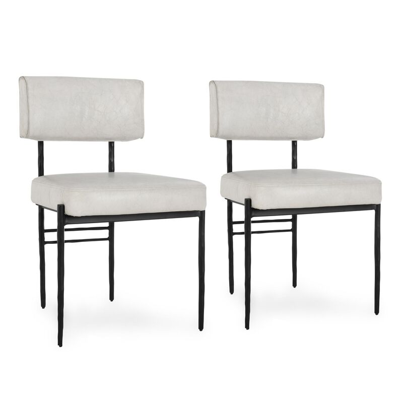 Keto Dining Chair Set of 2, Off White Leather, Black Hammered Iron - Benzara