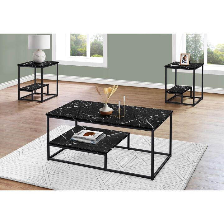 Monarch Specialties I 7964P Table Set, 3pcs Set, Coffee, End, Side, Accent, Living Room, Metal, Laminate, Black Marble Look, Contemporary, Modern