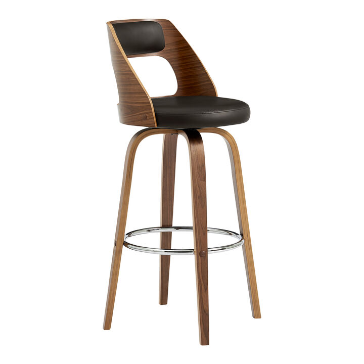 Axel Swivel Bar Stool in Brown Faux Leather and Walnut Wood