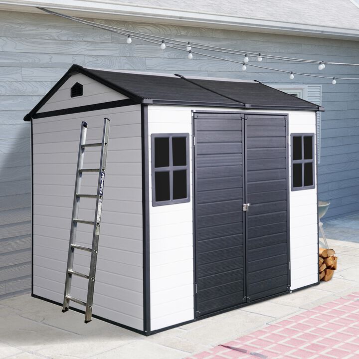 8 x 6ft Resin Outdoor Storage Shed Waterproof with Two Windows & Lockable Door,Tool Shed for Garden