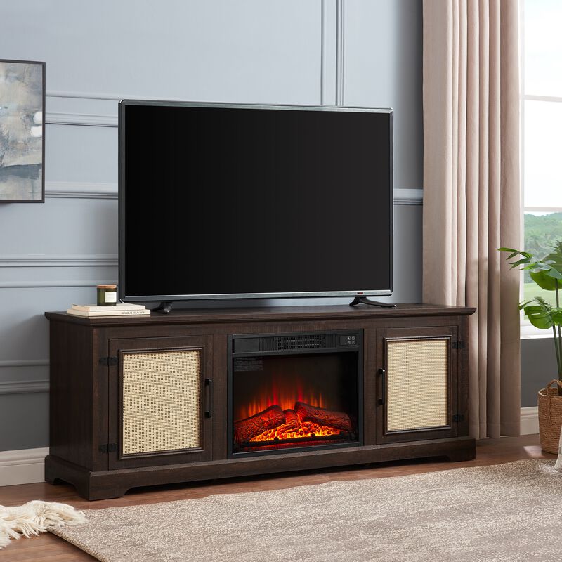 Mondawe Farmhouse Rattan TV Stand Console With Fireplace, Suitable For Storage Of TV Under 70 Inches
