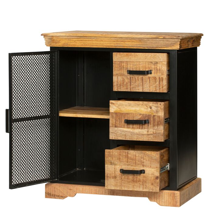 Home Office Cabinet with 3 Drawers and Metal Frame, Oak Brown and Black-Benzara