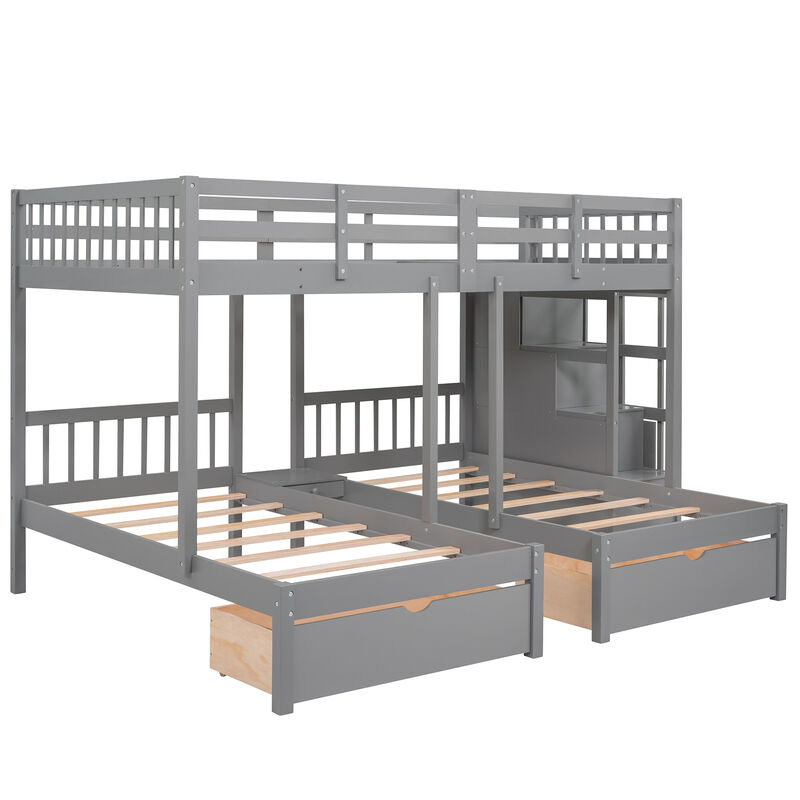 Merax Wooden Triple Bunk Bed with Drawers