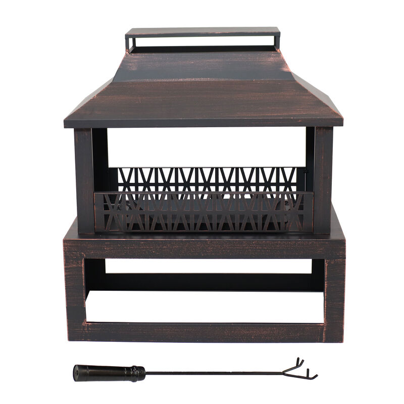 Sunnydaze 32 in Steel Outdoor Fireplace with Log Storage - Brushed Bronze