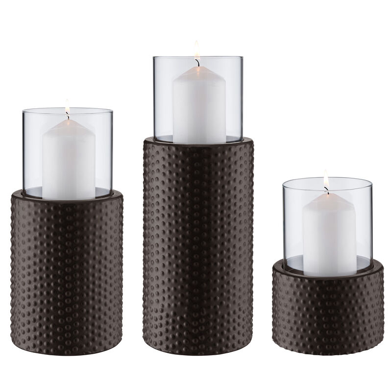 Danya B. Contemporary Candle Holder Set (3) With Clear Glass Hurricanes And Textured Metal Base