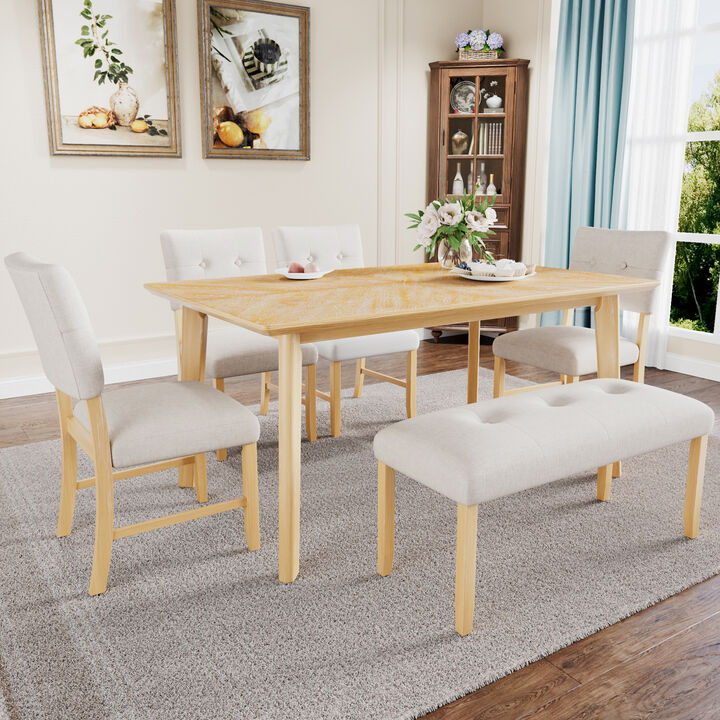 Merax 6 Piece Dining Room Table Set, Rustic Farmhouse Dining Room Rectangular Table with 4 Upholstered Chairs and Bench