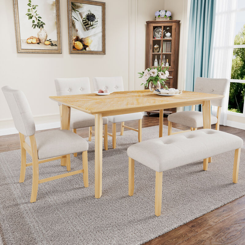 Merax 6 Piece Dining Room Table Set, Rustic Farmhouse Dining Room Rectangular Table with 4 Upholstered Chairs and Bench