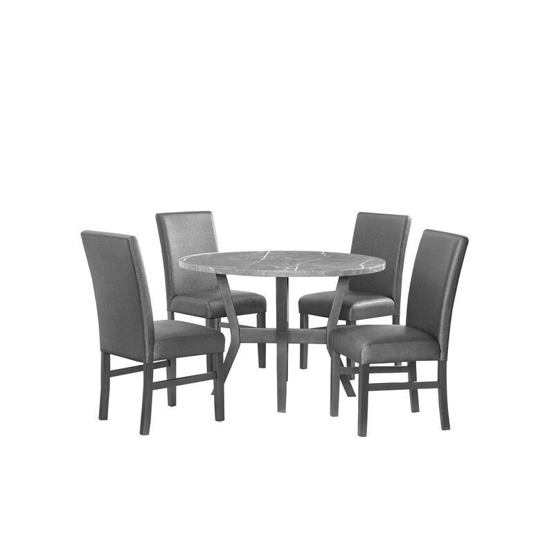 Skylar 5 Piece Dining Table Set, Wood, 4 Chairs, Glitter Gray Faux Leather - Benzara