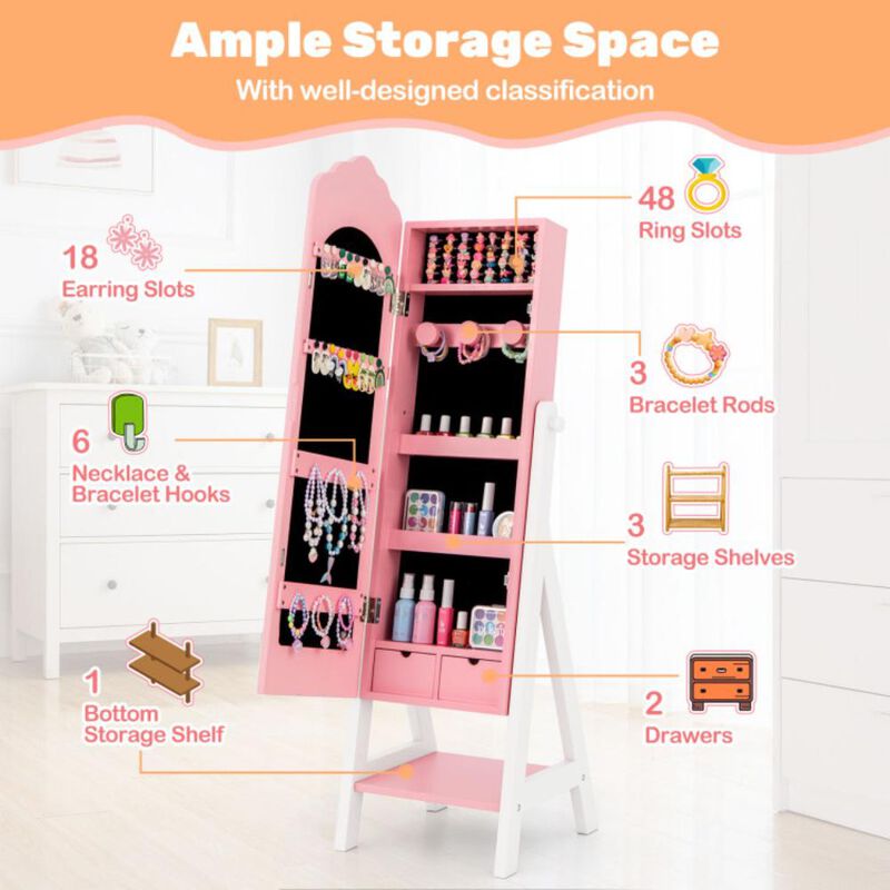 Hivvago 2 Pieces Kids Vanity Set and Jewelry Armoire Cabinet with Full-length Mirror