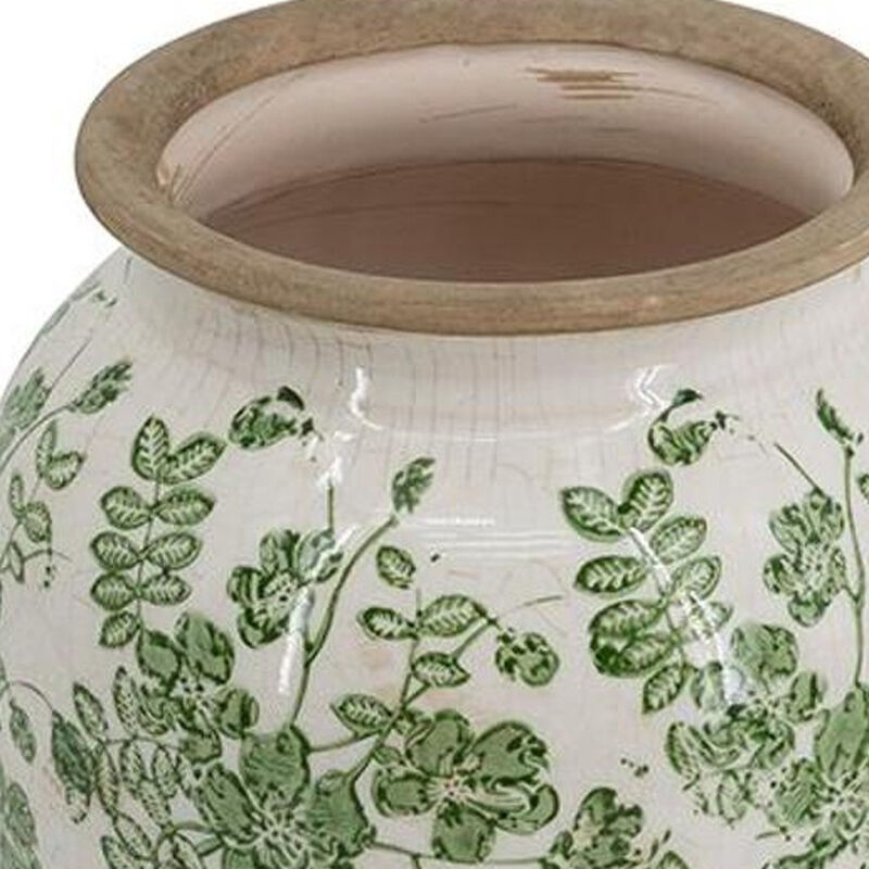 HomeRoots 12" Green And White Leaf Ceramic Round Table Vase image number 2