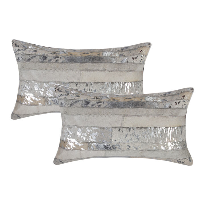 HomeRoots Set of Two 12" X 20" Gray and Silver Striped Cowhide Lumbar Throw Pillows with Glitter