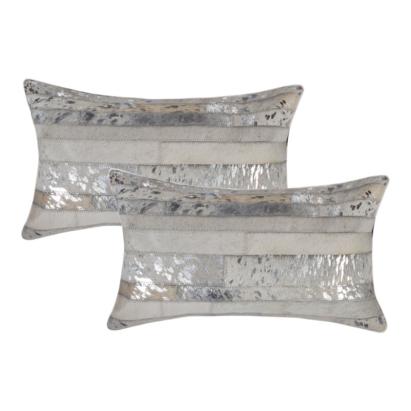 HomeRoots Set of Two 12" X 20" Gray and Silver Striped Cowhide Lumbar Throw Pillows with Glitter image number 0