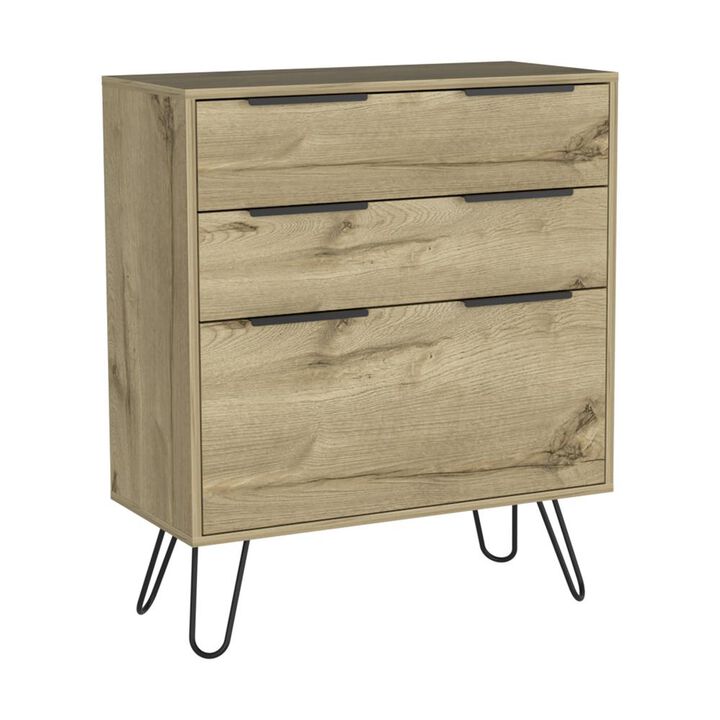 DEPOT E-SHOP Saffron Dresser- Three Drawers, Countertop, Four Steel Legs-Light Oak, For Bedroom