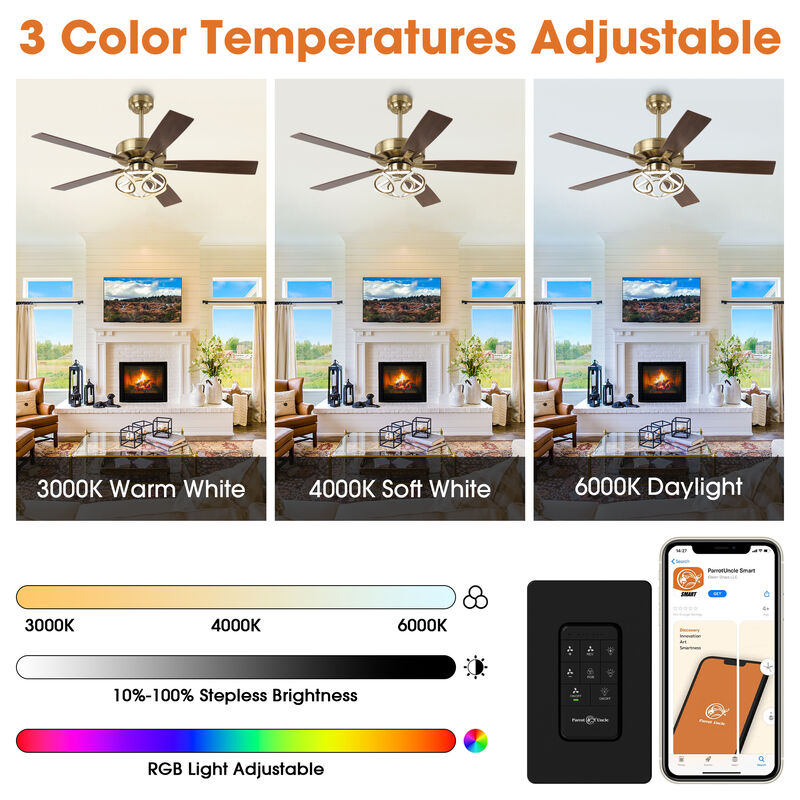 52 in. Modern Gold Dimmable Smart Ceiling Fan with RGB LED and APP Control, Remote