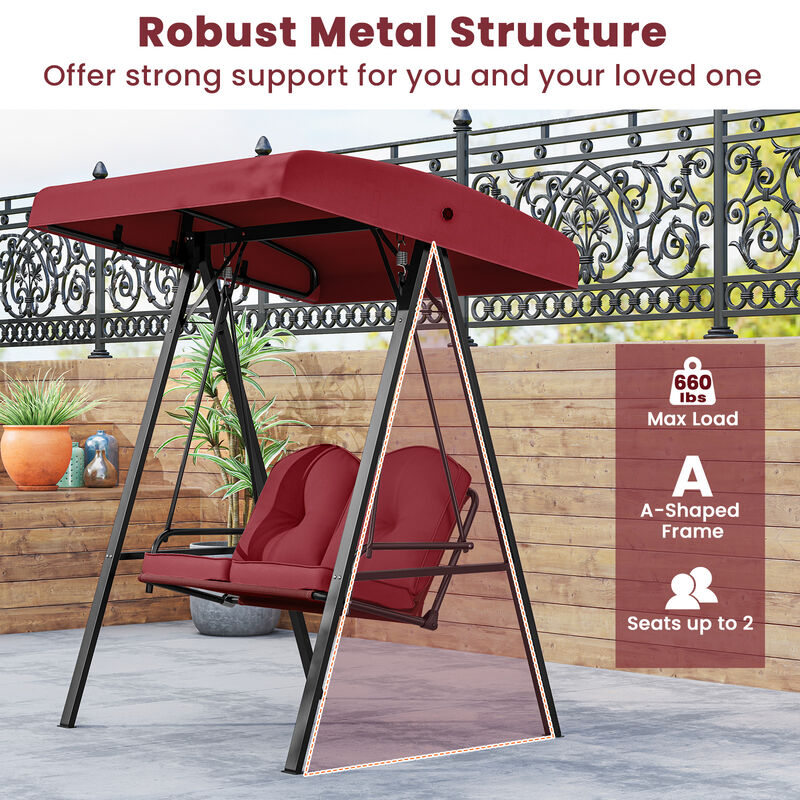 2-Person Outdoor Porch Swing with A-Frame Stand and Adjustable Canopy
