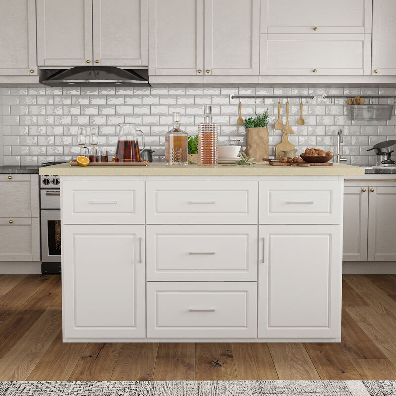 FUFU&GAGA White Paint Finish Kitchen Island with 5 Drawers 2 Doors Adjustable Shelves Silver Handles 66.9''L × 31.4''W × 37''H