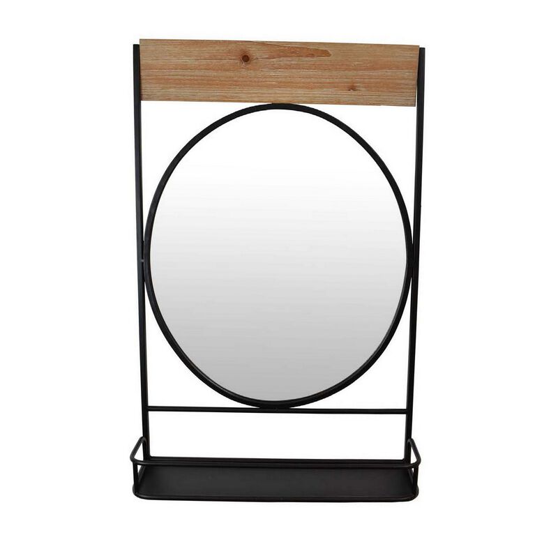 Feno Decorative Wall Mirror w Rack, 30 Inch Round Black Metal Frame