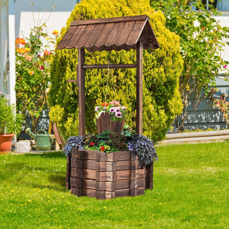 Outdoor Wooden Wishing Well Planter &ndash; Decorative Bucket for Garden or Patio image number 1