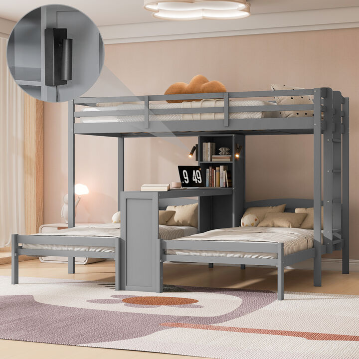 Merax Twin over Twin&Twin Bunk Bed with Built-in Desk and Storage Shelves