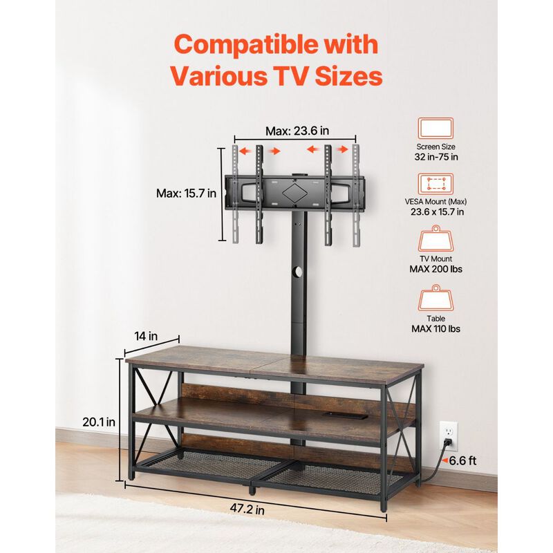 Entertainment Center with TV Mount for Up to 75 Inch TVs, 3-Tier Storage & Power Outlet-Brown image number 2