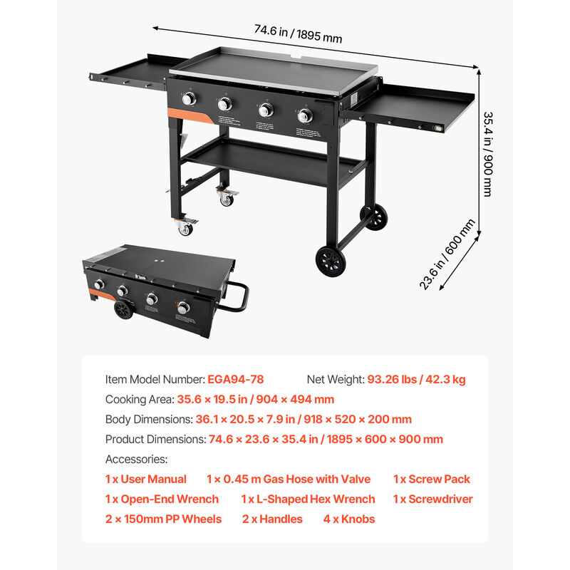 VEVOR Gas Griddle 4-Burner 36 inch Foldable Propane Griddle with Wheels 60000BTU image number 6