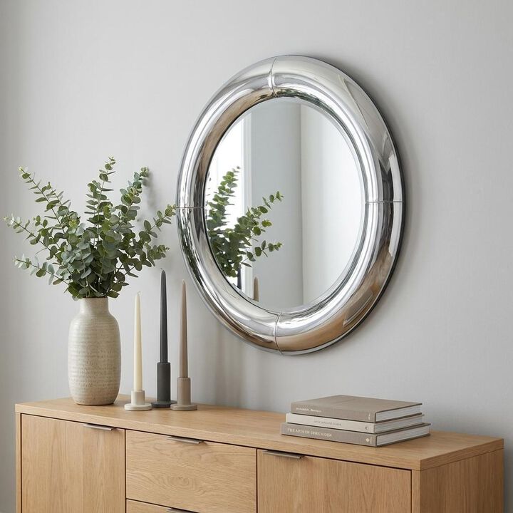 HomeRoots 32" Silver Round Curved Frame Accent Mirror