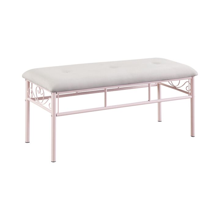 Metal Bench with Padded Seating and Scrolled Accents, Pink and Gray- Benzara