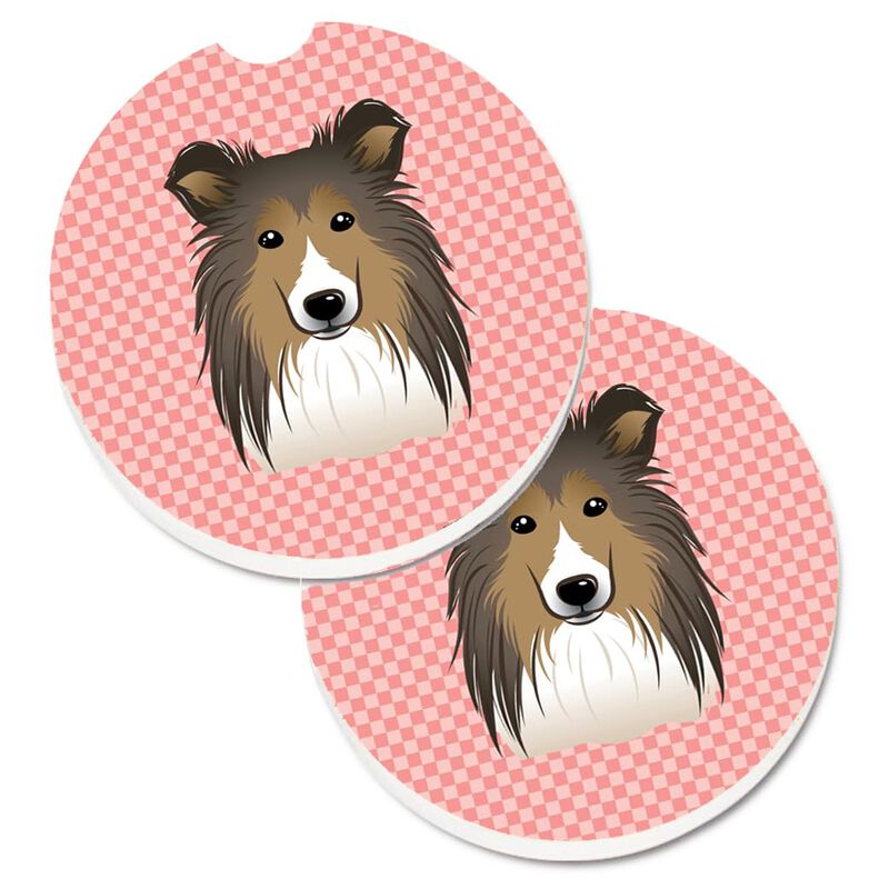 Caroline's Treasures Checkerboard Pink Sheltie Set of 2 Cup Holder Car Coasters BB1242CARC, 2.56, Multicolor
