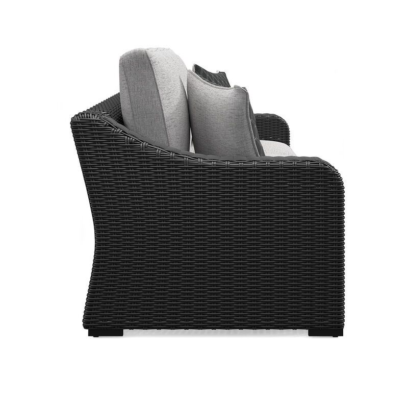 Tira Outdoor Sofa, 83 Inch, 2 Accent Pillows, Gray, Black Woven Wicker - Benzara