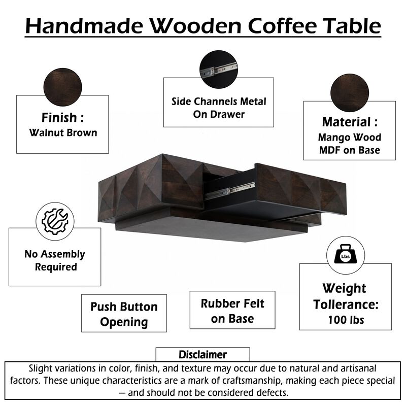 Jisaku 48 Inch Coffee Table with Storage Drawer, 3D Diamond Carved Panels, Walnut Brown Mango Wood image number 5
