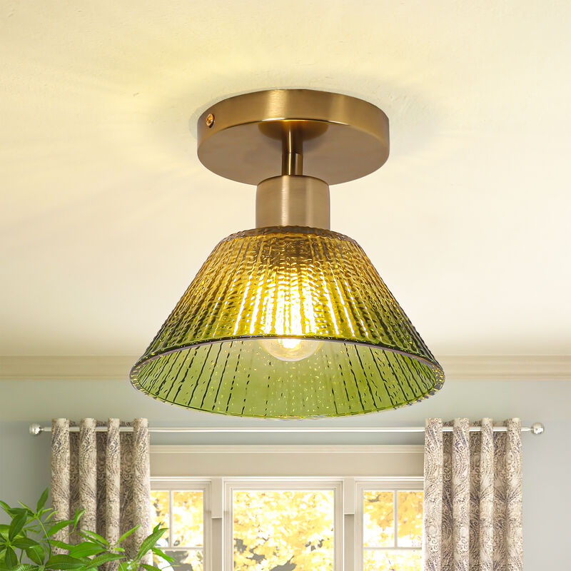 7.5" Vintage Green Glass Semi Flush Mount Ceiling Light