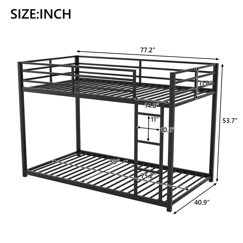 Whisen Twin over Twin Metal Bunk Bed, Low Bunk Bed with Ladder