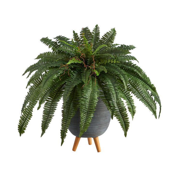 HomPlanti 2.5" Boston Fern Artificial Plant in Gray Planter with Stand