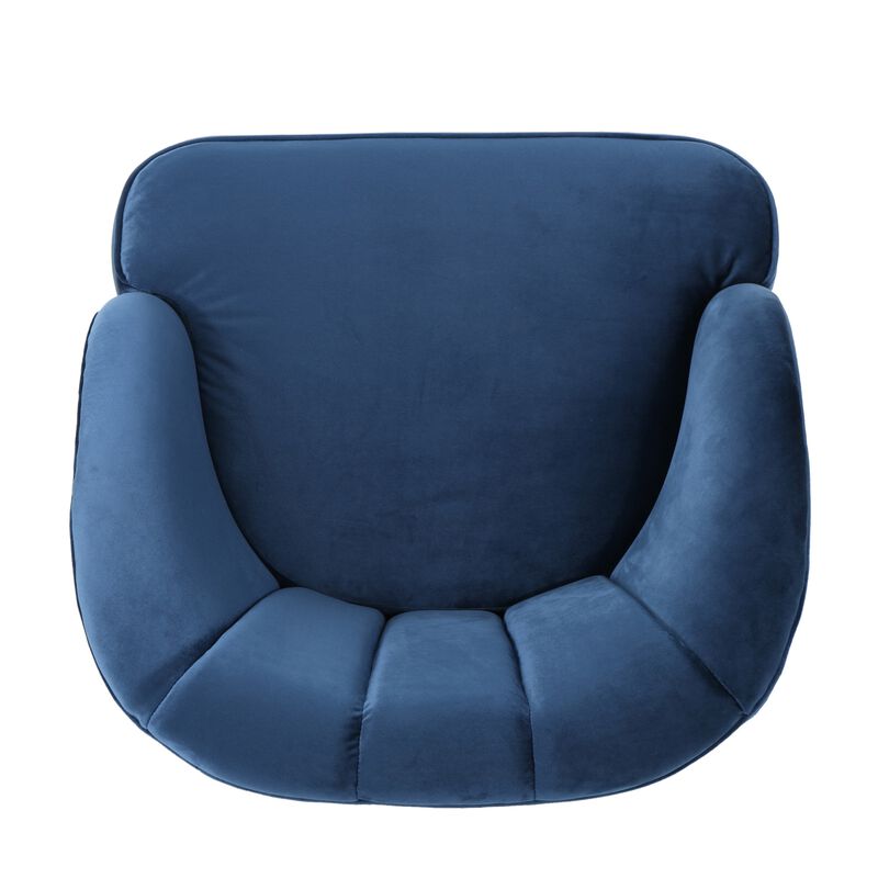 Shale Accent Chair, Navy Blue Velvet, Curved Backrest, Brown Wood Legs