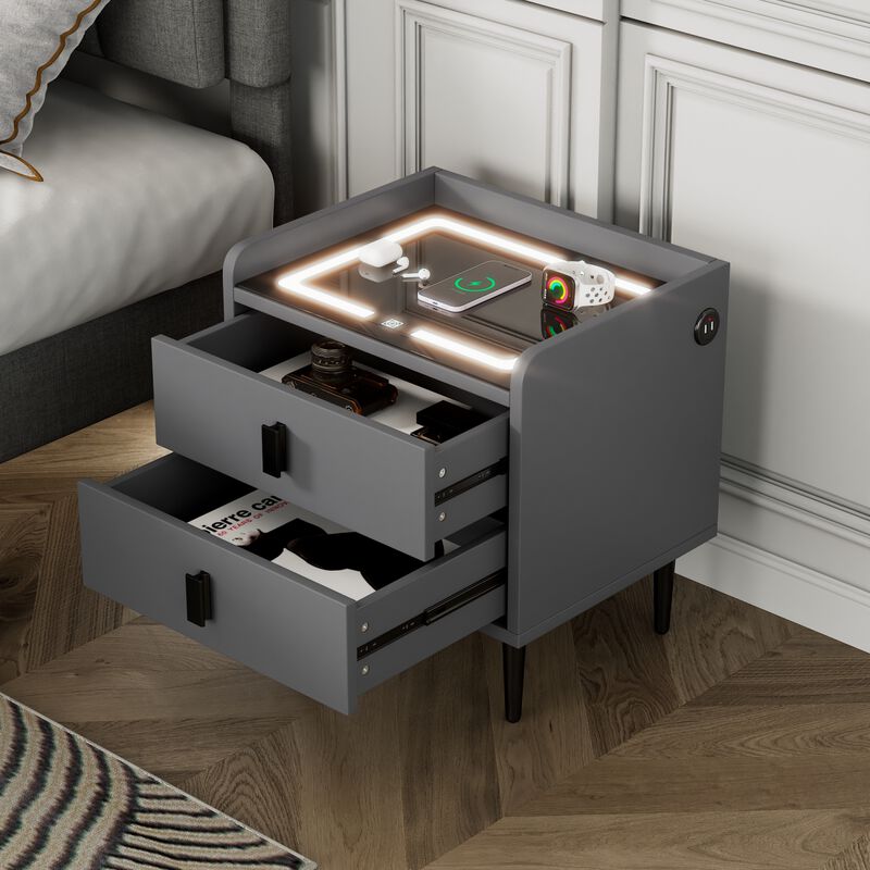 Nightstand with Wireless Charging Station,USB Charging and Adjustable LED Lights, Modern End Table with 2 Drawers for Bedroom,Gray