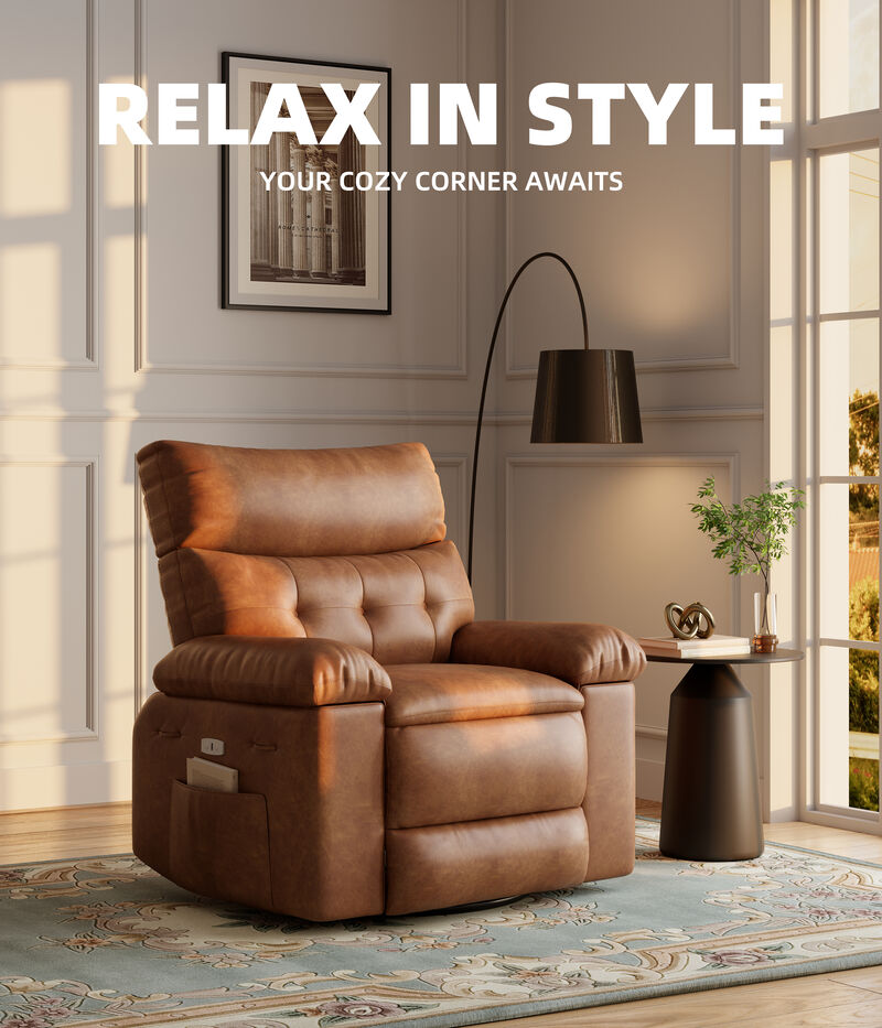 360 Degree Swivel Lazy Manual Rocking Recliner Sofa Chair for Living Rooms, Bedrooms, Outdoor Relax, Brown image number 2