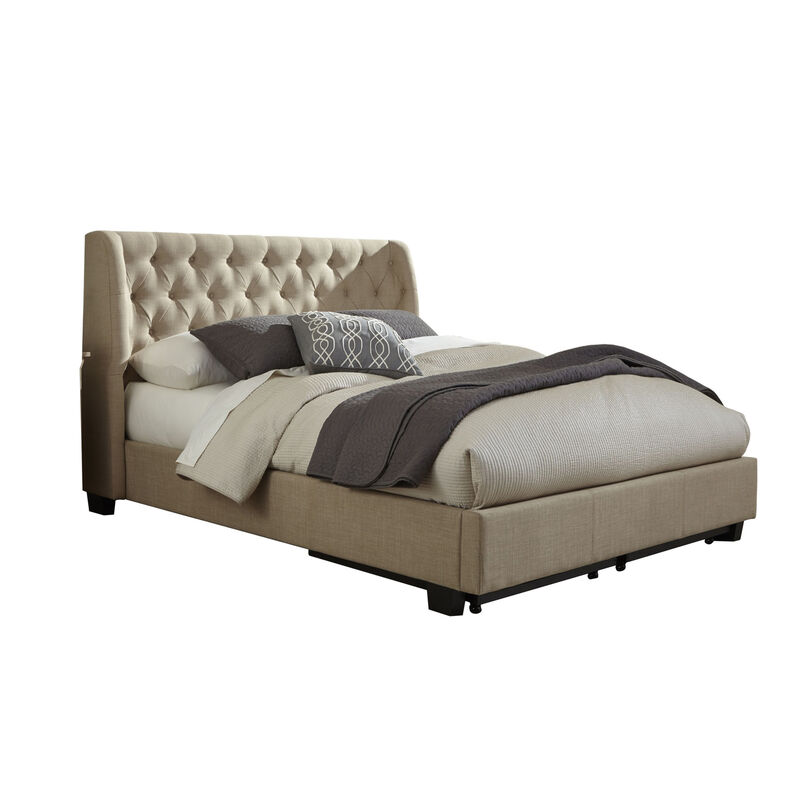 Pax Queen Bed, Storage Footboard, Button Tufted Upholstery, Beige Linen - Benzara