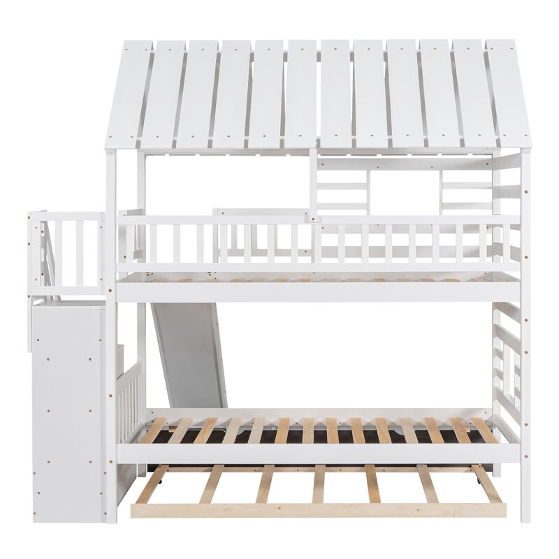 Twin Over Twin House Bunk Bed With Trundle And Slide, Storage Staircase, Roof And Window Design