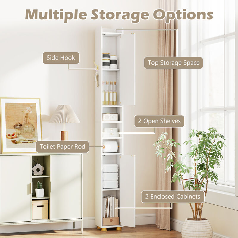 Freestanding Narrow Bathroom Cabinet with Open Shelves and Toilet Paper Holder image number 7