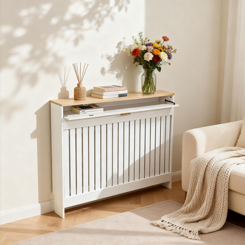 Radiator Cover with Drawer Shelf White Oak Finish Vertical MDF Slat Cabinet image number 2