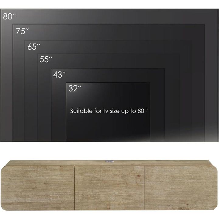Atelier Mobili Modern Floating TV Stand Wall Mounted for 80 Inch TV, Oak