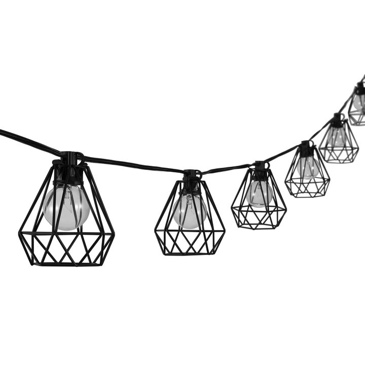 10-Light Indoor/Outdoor 10 ft. Contemporary Transitional Incandescent G40 Diamond Cage String Lights, Black