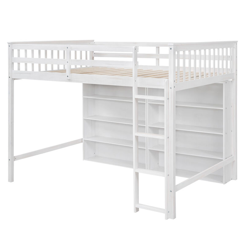 Whisen Full Size Loft Bed with Open Storage Shelves and Built-in Ladder - White