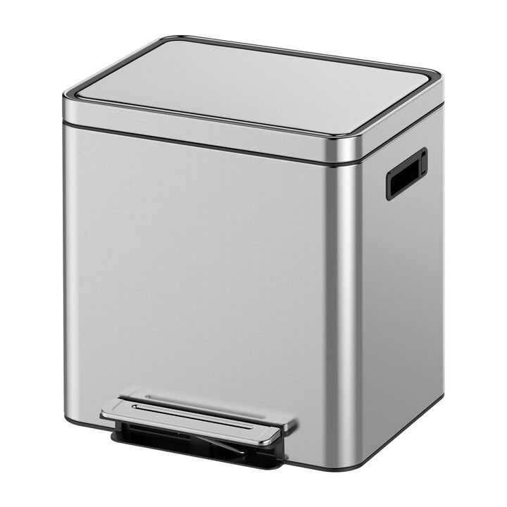 Stainless Steel Dual Compartment Trash Can, Step Pedal, Soft Close Lid, 2 Removable Buckets, Fingerprint Resistant, Waste Sorting Bin for Kitchen & Office