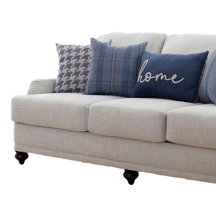 Fabric Upholstered Sofa with Sloped Armrests and Turned Legs, Light Gray - Benzara