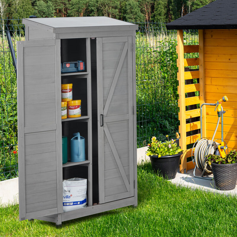 Outdoor Wood Storage Cabinet with Metal Top for Garden, Yard, or Patio image number 4