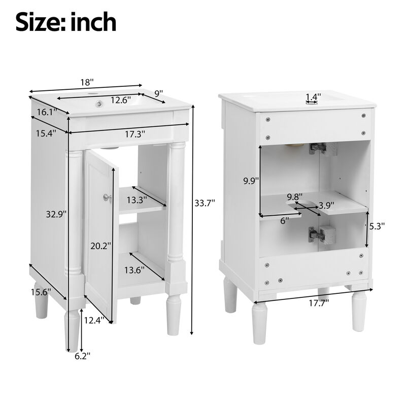ELEMENT ACE 18 Inch Compact Bathroom Vanity Cabinet with Integrated Ceramic Sink, Adjustable Interior Shelf, Soft Closing Hinges Ideal for Small Bathroom Spaces image number 2