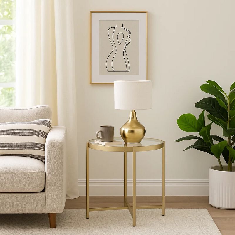 End Table with Round Glass Top and Metal Frame, Gold
