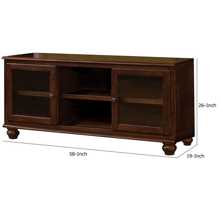 58 Inch Wood TV Entertainment Media Console, 2 Door, 2 Open Shelves, Walnut - Benzara