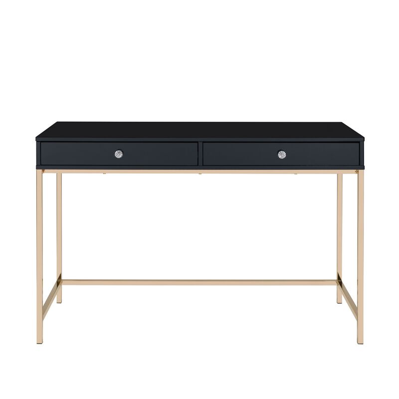 Writing Desk with 2 Storage Compartments, Black and Gold - Benzara